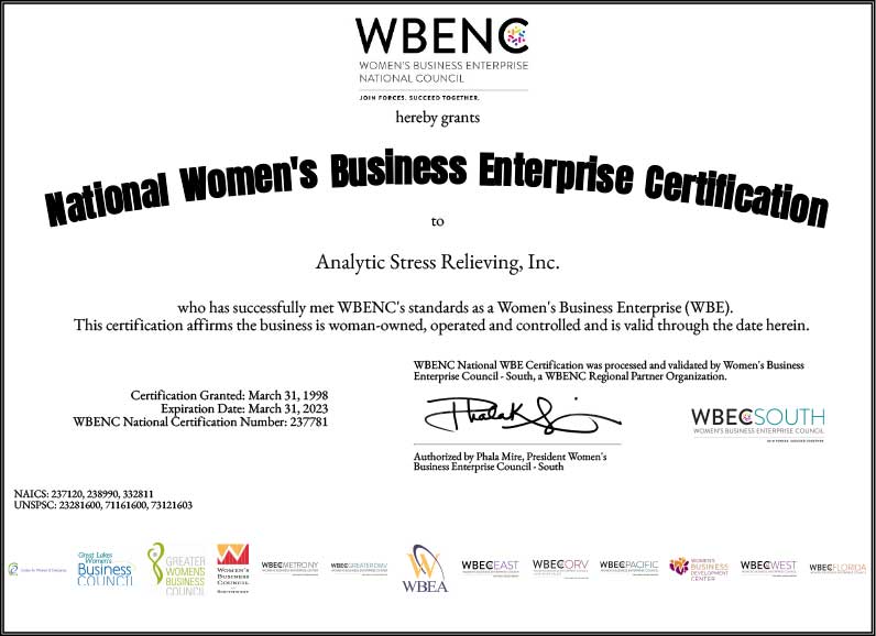 Analytic Stress Relieving is certified as a Women's Business Enterprise